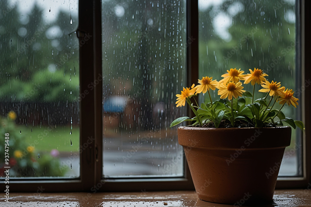 Fototapeta premium Flower Pot by Rain-Streaked Window A Serene and Cozy Atmosphere with Gentle Rainfall
