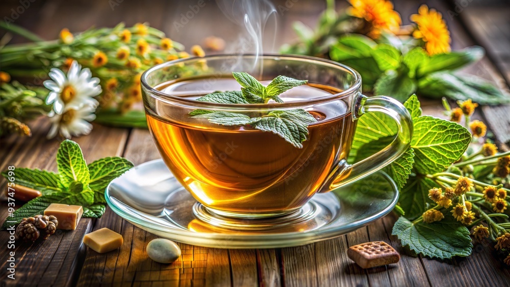 herbal tea, Lavender Tea. Hot Herbal Lavender Tea in Transparent Cup on Wooden Table Surrounded by Herbs and Wildflowers. Aromatherapy Concept with Relaxing Lavender Tea Setting in Nature. herbal tea, Lavender Tea. Hot Herbal Lavender Tea in Transparent Cup on Wooden Table Surrounded by Herbs and Wildflowers. Aromatherapy Concept with Relaxing Lavender Tea Setting in Nature.