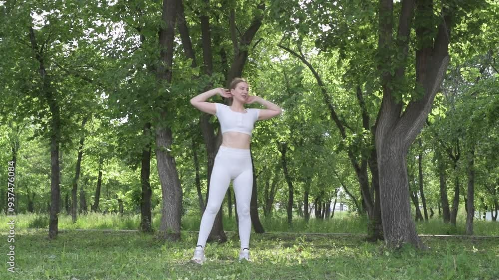Young caucasian woman in white sportswear exercising in green forest park. Outdoor workout Young caucasian woman in white sportswear exercising in green forest park. Outdoor workout
