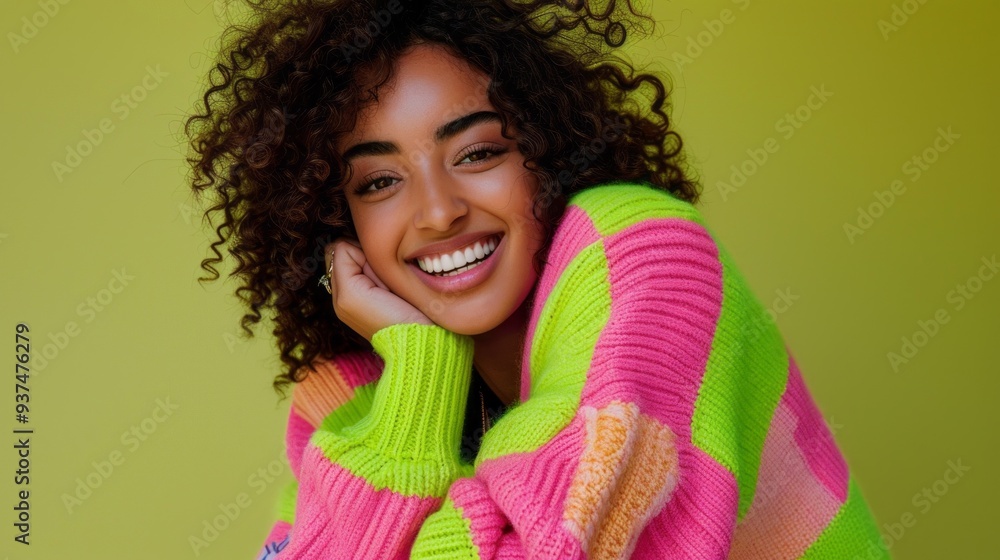In a bright studio setting, a joyful mixed race person poses confidently, wearing a colorful sweater. Their radiant smile and lively demeanor create a warm, inviting atmosphere In a bright studio setting, a joyful mixed race person poses confidently, wearing a colorful sweater. Their radiant smile and lively demeanor create a warm, inviting atmosphere