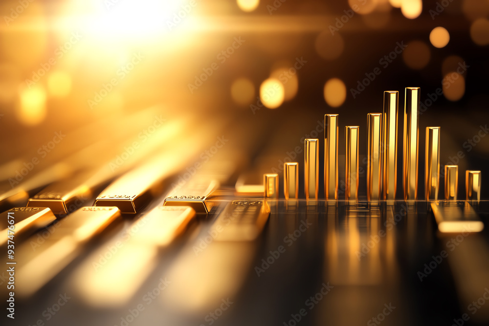 A close-up of golden bars and rising graph peaks, capturing a moment of financial growth and success in a dazzling light. A close-up of golden bars and rising graph peaks, capturing a moment of financial growth and success in a dazzling light.