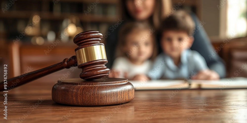 Judge's Hammer in Focus with Blurred Background of a Concerned Child Judge's Hammer in Focus with Blurred Background of a Concerned Child