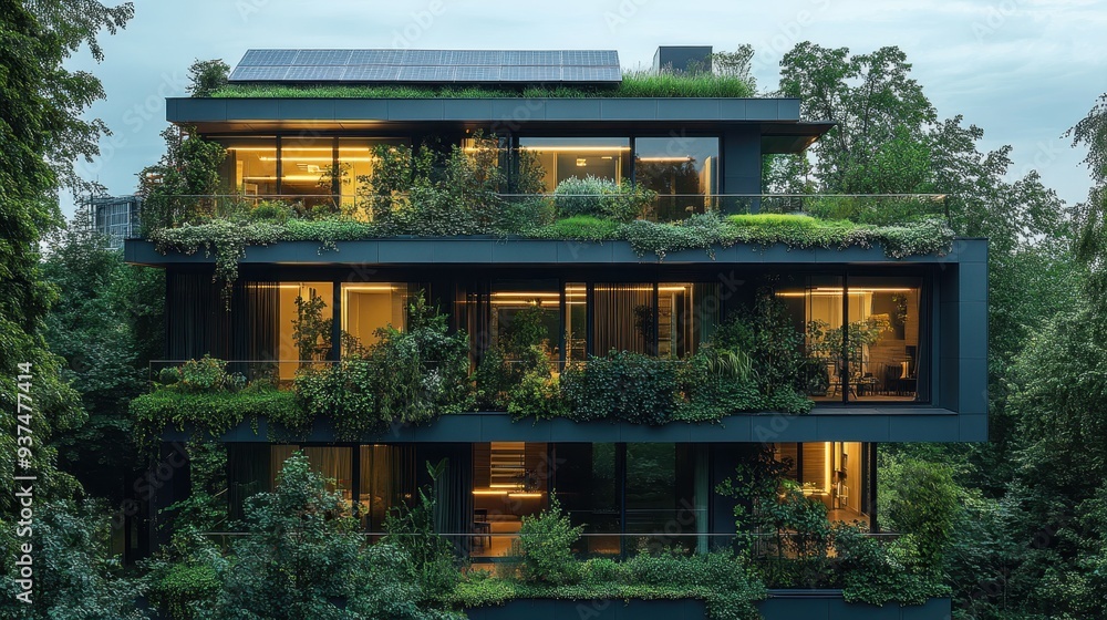 Eco-Friendly Modern Office Building with Green Rooftop Garden and Solar Panels for Sustainable Architecture Eco-Friendly Modern Office Building with Green Rooftop Garden and Solar Panels for Sustainable Architecture
