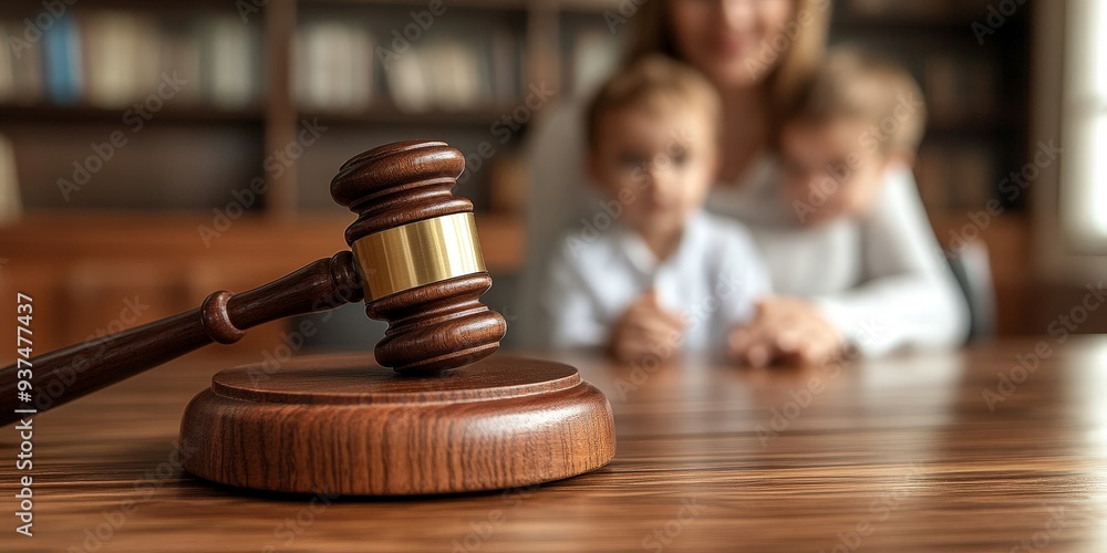 Judge's Hammer in Focus with Blurred Background of a Concerned Child Judge's Hammer in Focus with Blurred Background of a Concerned Child