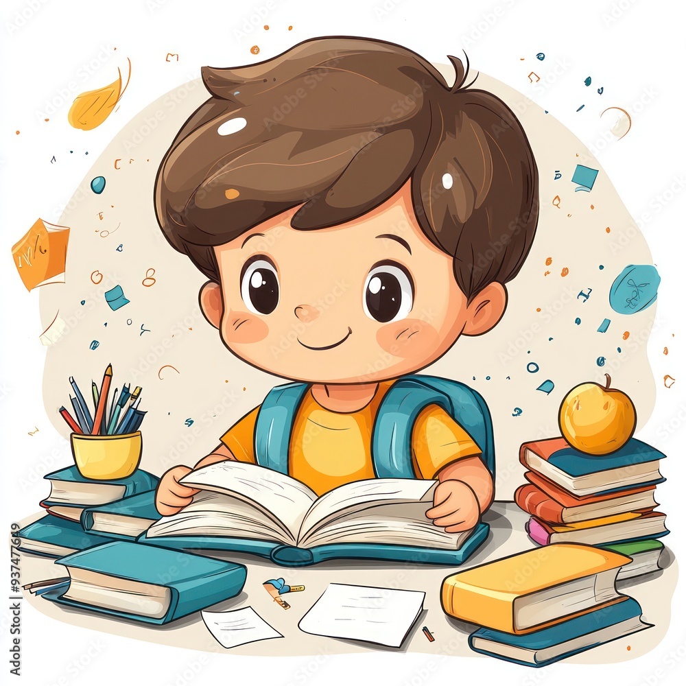 Cute Boy Studying Illustration Cute Boy Studying Illustration