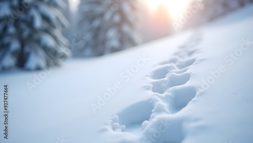 Footprints in fresh snow leading into the distance, with soft morning light filtering through the trees photo