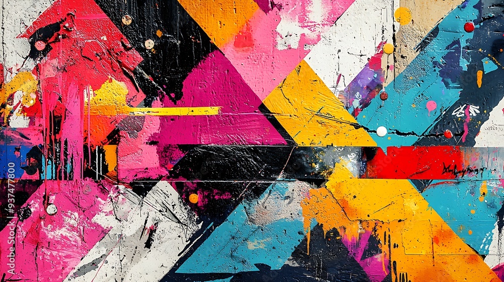 Fototapeta premium Abstract geometric shapes, colorful acrylic painting, urban art background, creating a visually striking and dynamic composition that emphasizes movement and color.