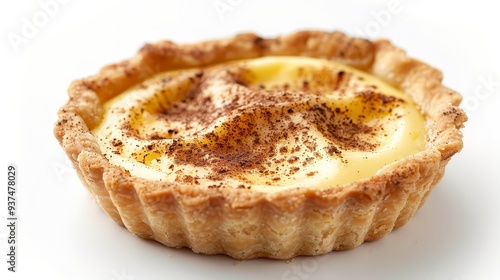 Close-up of a custard tart with a sprinkle of cinnamon isolated on white