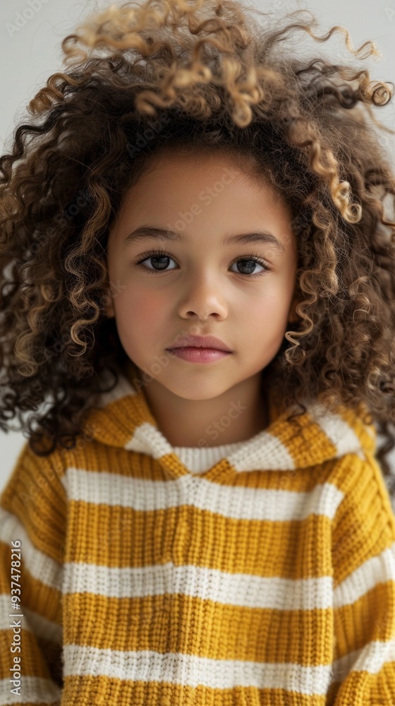 The young girl with beautiful curls gazes directly at the viewer, her expression thoughtful and serene. Her cozy yellow and white striped sweater evokes warmth, making the scene inviting The young girl with beautiful curls gazes directly at the viewer, her expression thoughtful and serene. Her cozy yellow and white striped sweater evokes warmth, making the scene inviting