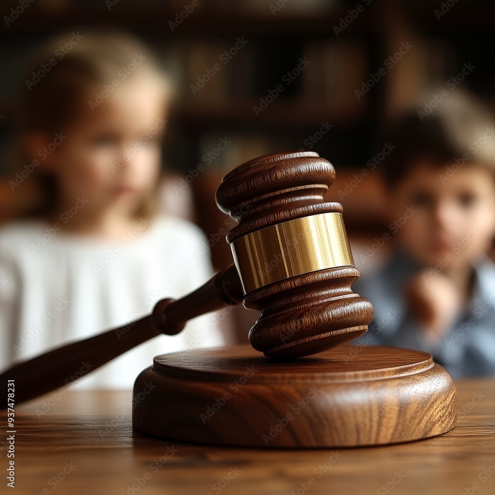 Judge's Hammer in Focus with Blurred Background of a Concerned Child Judge's Hammer in Focus with Blurred Background of a Concerned Child