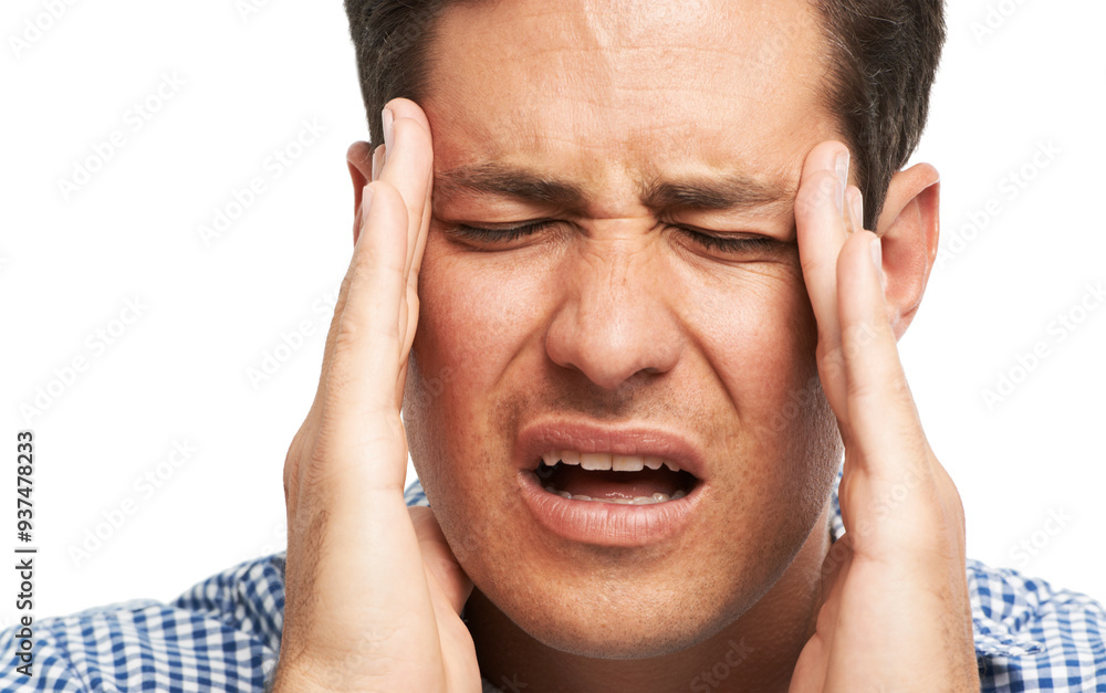 Hands, pain and man with headache in studio for tension, stress and vertigo on white background. Frustrated, male person and anxiety with migraine for discomfort problem, dizzy and iron deficiency Hands, pain and man with headache in studio for tension, stress and vertigo on white background. Frustrated, male person and anxiety with migraine for discomfort problem, dizzy and iron deficiency