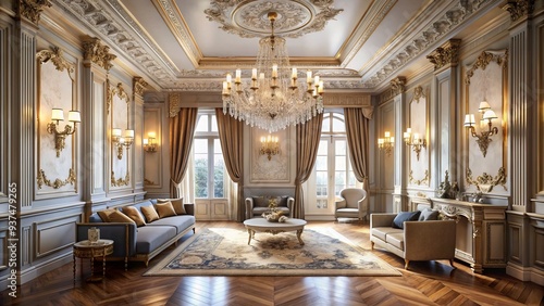 elegant sophisticated empty room high ceilings crystal chandelier lavish fabrics refined decor classic style