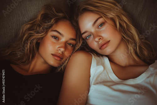 Close-up of Two beautiful young twin sisters posing on the bed.  photo