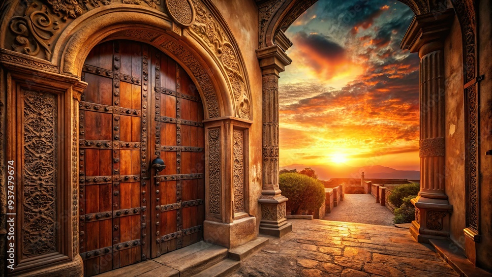Dramatic Cinnabar sunset majestic ornate antique doorways richly-textured aged ancient cultural heritage softly-glowing warm ambient naturally-lit vistas Dramatic Cinnabar sunset majestic ornate antique doorways richly-textured aged ancient cultural heritage softly-glowing warm ambient naturally-lit vistas