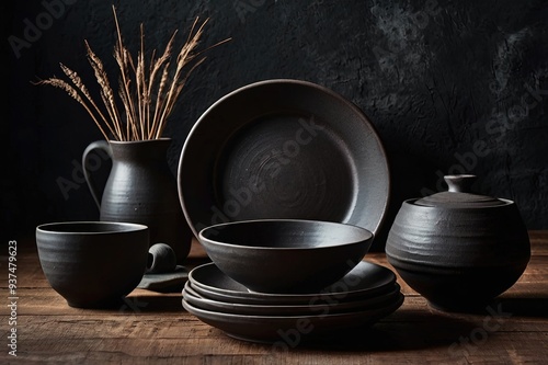 Black tableware on a dark background.  photo