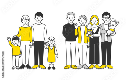 笑顔の子育て世帯･三世代家族の全身セット【人物ベクターイラスト素材】