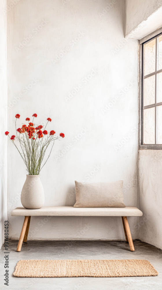 Fototapeta premium Bright Entryway with Potted Flowers and Red Door