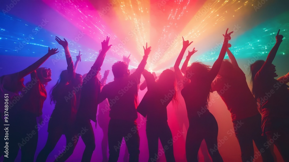 Silhouettes of young people dancing and having fun at a night club with colorful lights. Silhouettes of young people dancing and having fun at a night club with colorful lights.