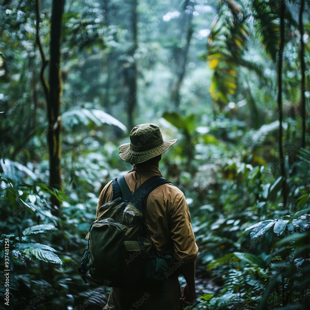 Fototapeta premium Forest ranger monitoring endangered species in a dense rainforest, wildlife protection, conservation efforts
