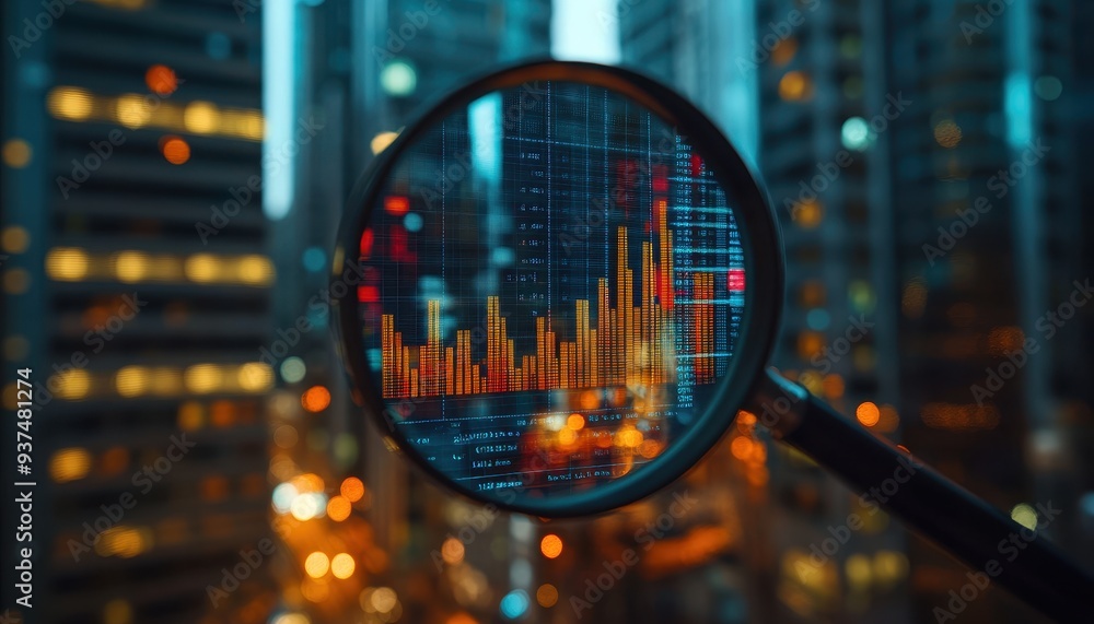 Magnifying glass highlighting digital data, bokeh lights, technology, futuristic, analytical scene Magnifying glass highlighting digital data, bokeh lights, technology, futuristic, analytical scene