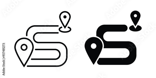 Black route tracking icon,  simple 2 pins searching flat design vector pictogram, Destination vector icon isolated on white background, 
