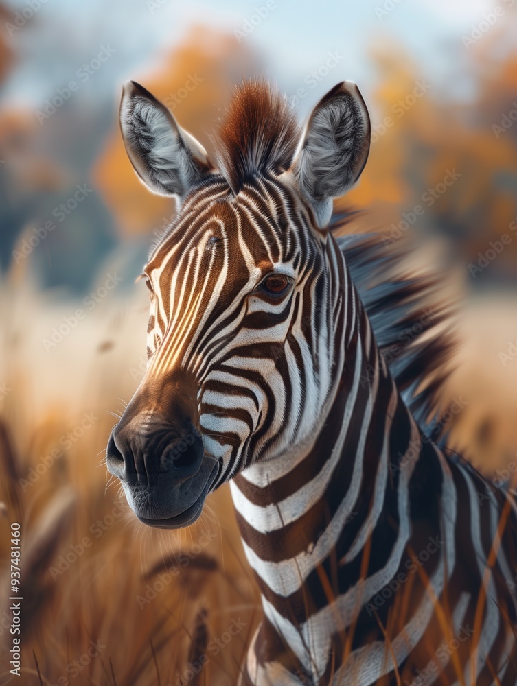 Naklejka premium Portrait of Zebra, Equus quagga, in an African savannah at sunset