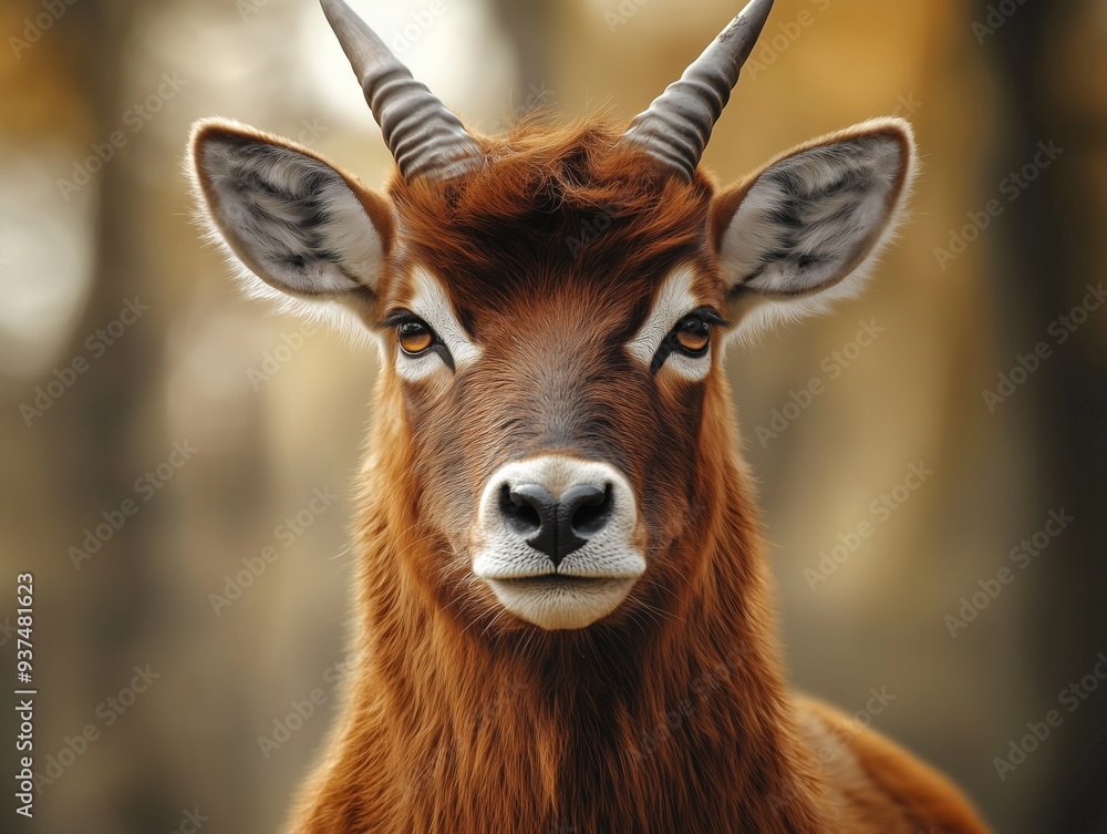 Regal Bongo, Tragelaphus eurycerus, close up with detailed fur in a natural forest Regal Bongo, Tragelaphus eurycerus, close up with detailed fur in a natural forest
