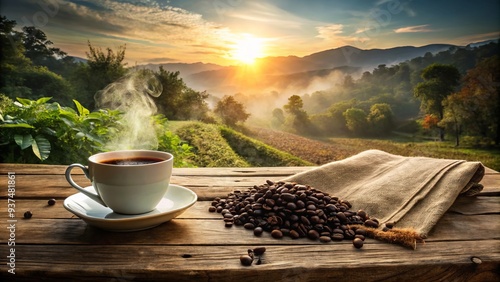 Coffee cup and worn wood table, a rustic haven amidst scattered coffee beans, dog-eared brochure, and morning sunlight's warm glow.