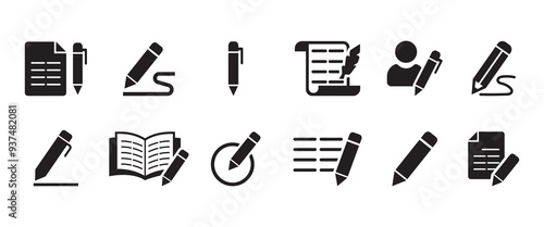 Writing icon set. Containing pen, write, pencil, note, edit, writer, document, text and more. Containing added identity document data, se of UI and mobile app, web site interface.