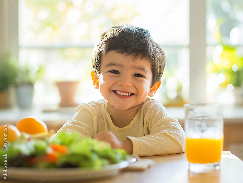 Boy sitting at a table smiling brightly with a plate of healthy salad and a glass of orange juice, promoting positive attitude towards healthy eating and nutrition, surrounded by warm home environment Boy sitting at a table smiling brightly with a plate of healthy salad and a glass of orange juice, promoting positive attitude towards healthy eating and nutrition, surrounded by warm home environment