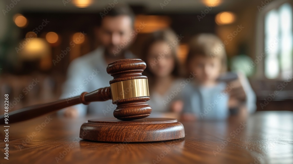Judge's Hammer in Focus with Blurred Background of a Concerned Child Judge's Hammer in Focus with Blurred Background of a Concerned Child