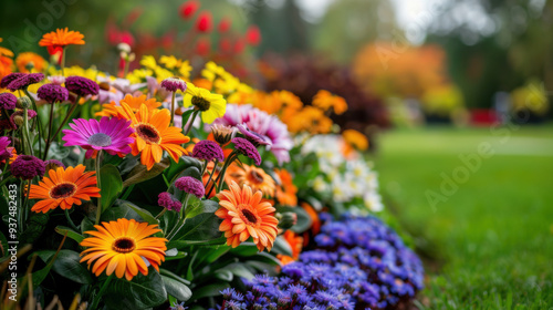 A vibrant garden bed filled with blooming flowers in various colors, showcasing the beauty of nature and gardening. photo