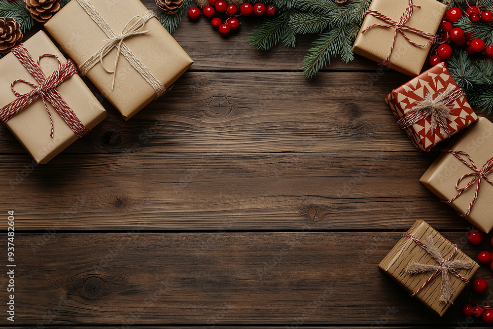 Neatly wrapped gifts with simple, rustic twine on a wooden table, surrounded by pine branches and berries. The composition exudes a cozy, traditional holiday atmosphere. Plenty of copy space. Neatly wrapped gifts with simple, rustic twine on a wooden table, surrounded by pine branches and berries. The composition exudes a cozy, traditional holiday atmosphere. Plenty of copy space.