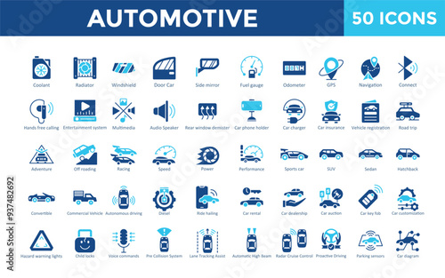 Automotive icon set with coolant, radiator, windshield, door car, side mirror, fuel gauge, odometer, gps, navigation icon. Simple flat vector 
