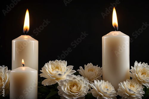 White Candles and Flowers on Black Panoramic Background Solemn and Respectful Atmosphere for Funeral Service, Memorial, or Obituary Headers