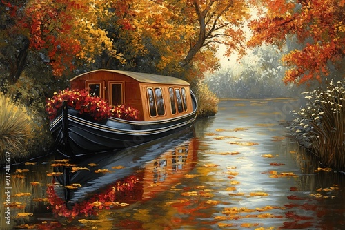 A classic tole painting depicting a canal boat or narrowboat featuring textured elements. photo