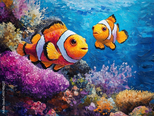 Clownfish playfully weaving through a lush coral reef, bright colors contrasting with the blue sea, Clownfish, vibrant coral habitat photo