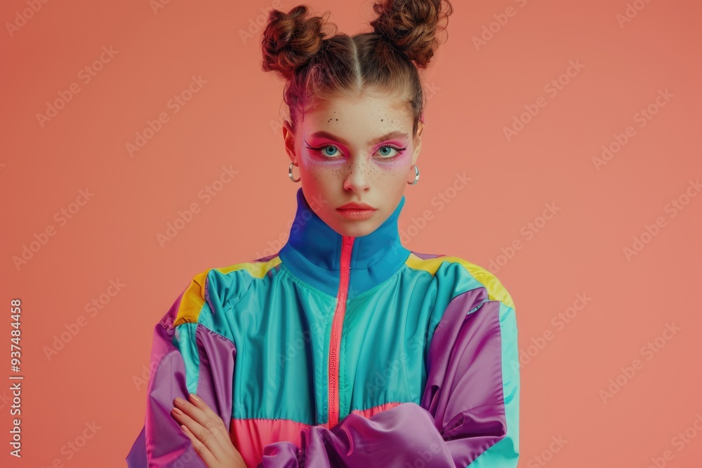 Confident girl in 90s fashion with trendy makeup and hair. Confident girl in 90s fashion with trendy makeup and hair.