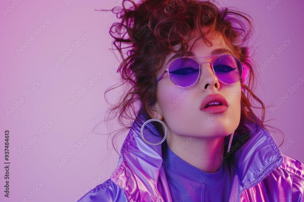 Retro styled woman in purple jacket dancing at party. Retro styled woman in purple jacket dancing at party.