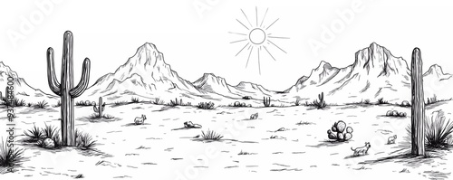 A vector black and white drawing of the Sonoran Desert with mountains in the background, photo