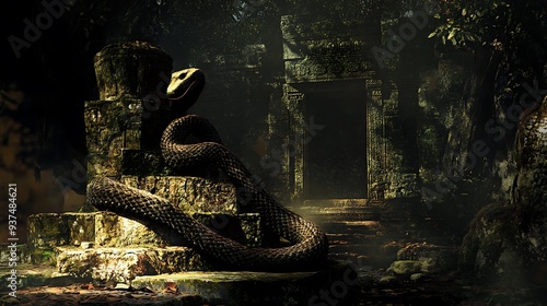 A serpent slithering across a stone altar in an ancient temple setting photo