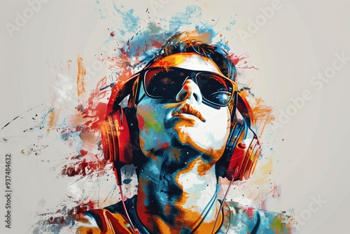 Modern artwork. Young man listening to music over light background.