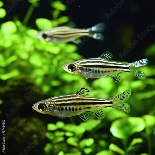 Zebra danio zipping through a planted tank, their stripes creating a playful pattern, Zebra danio, playful movement photo