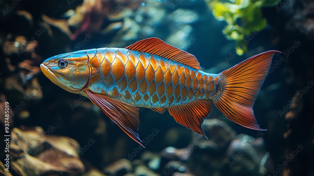 Fototapeta premium Arowana fish swimming majestically in a dimly lit tank, exuding ancient elegance, Arowana fish, ancient and majestic