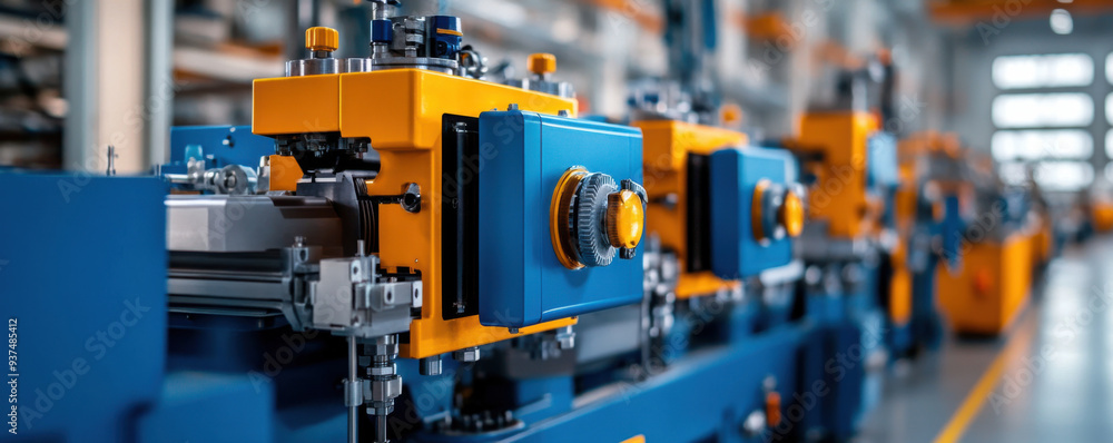Close-up of an industrial machine in a modern factory, highlighting its mechanical details and vibrant colors. Close-up of an industrial machine in a modern factory, highlighting its mechanical details and vibrant colors.