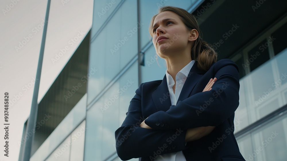 Confident businesswoman with arms crossed, standing outside a modern glass office building, ideal for business and leadership visuals. Confident businesswoman with arms crossed, standing outside a modern glass office building, ideal for business and leadership visuals.