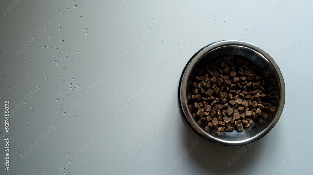 Stainless steel bowl full of dry dog food sitting on white surface Stainless steel bowl full of dry dog food sitting on white surface