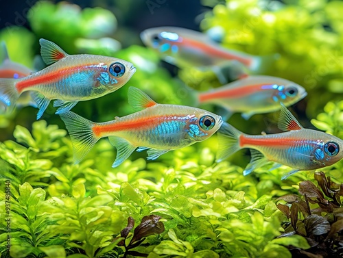 Neon tetra shoal swimming in perfect harmony in a lushly planted tank, Neon tetra, synchronized movement photo