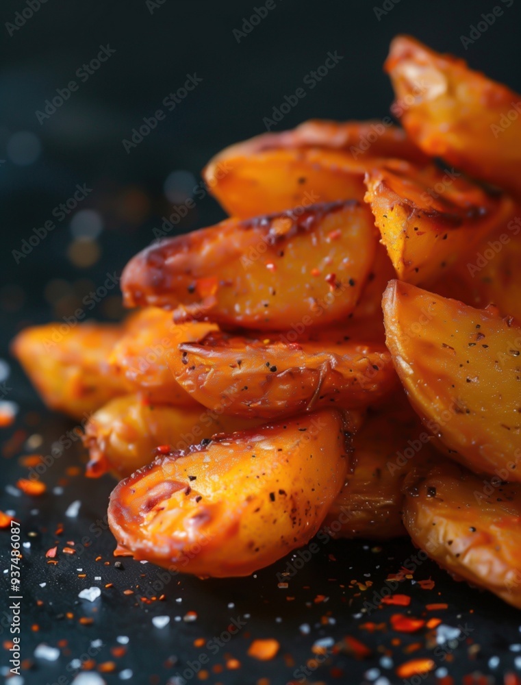 Crispy Patatas Bravas with sea salt on black background, Spanish tapas close up Crispy Patatas Bravas with sea salt on black background, Spanish tapas close up