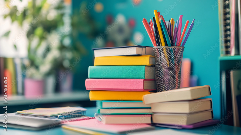 A colorful stack of new textbooks, notebooks, and stationery neatly arranged on a desk, ready for the school year. A colorful stack of new textbooks, notebooks, and stationery neatly arranged on a desk, ready for the school year.